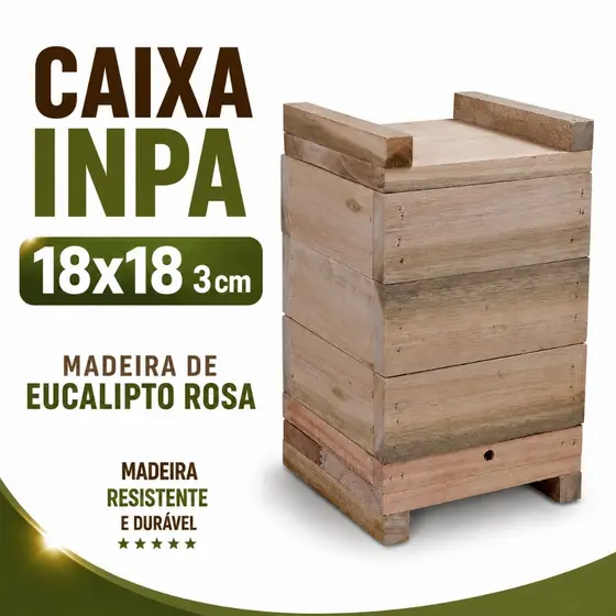Caixa para Abelhas Sem Ferrão modelo INPA 18x18 3cm Guaraipo, Uruçu, Borá, Em Eucalipto