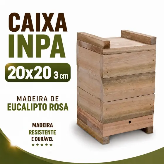Caixa para Abelhas Sem Ferrão modelo INPA 20x20 3cm Mandaçaia MQQ, Uruçu, Tubuna, Canudo, Mombucão Em Eucalipto