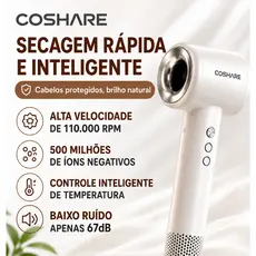Secador Profissional COSHARE 110.000 RPM Alta Velocidade 300 Milhões de Íons Negativos 370g 127V Branco