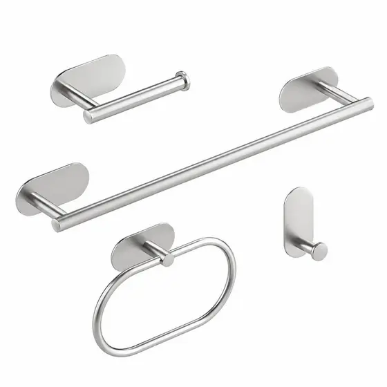 Kit Suportes de Banheiro Porta Toalha de Banho e Rosto, Papeleira e Gancho Prata Aço Inox 304 Sem Furo Adesivos 3M 4 PÇS