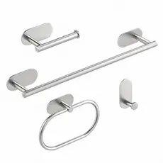 Kit Suportes de Banheiro Porta Toalha de Banho e Rosto, Papeleira e Gancho Prata Aço Inox 304 Sem Furo Adesivos 3M 4 PÇS