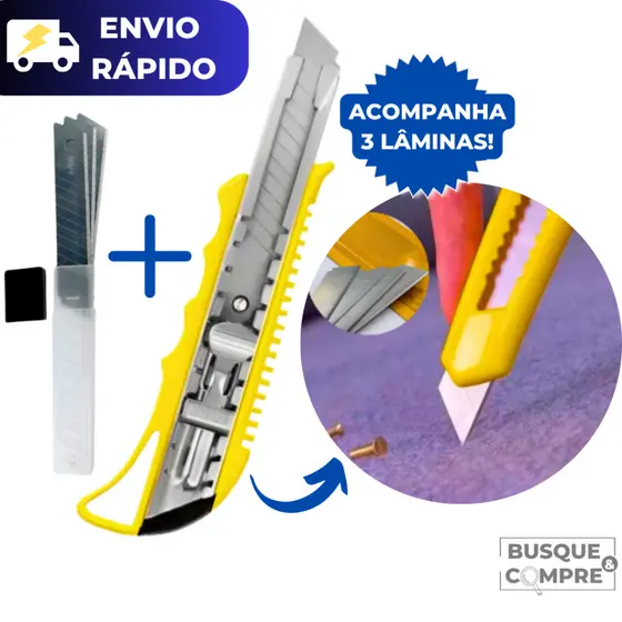 Kit Estilete com + 3 Lâminas Afiadas para Cortar Papelão Tecidos Papel Plástico de Metal Reforçado