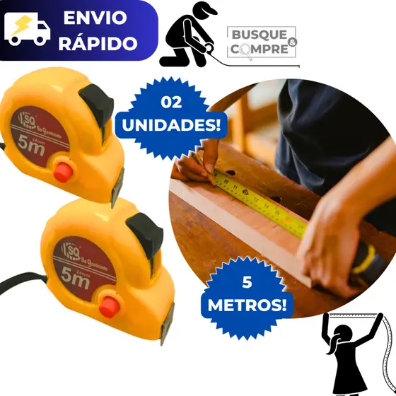 2 Trena Métrica 5 Metros Fita para Medição Medir Tirar Medidas em Obras Trava Alça Metal Resistente