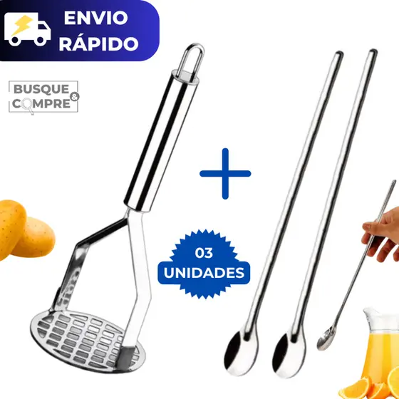 2 Colher de Suco Longa 30cm + Amassador de Batata Inox para Cozinha Kit de Qualidade