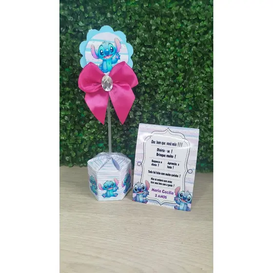 Kit 10 centro de mesa caixa sextavada + 10 plaquinha agradecimento TEMA STITCH / (FAZEMOS TODOS OS TEMAS)
