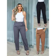 ZAVA Calça Alfaiataria Reta com Prega Textura Bolsos Laterais