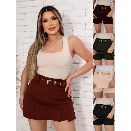 ZAVA Shorts Saia com Fenda Cintura Alta com Cinto Anarrugão