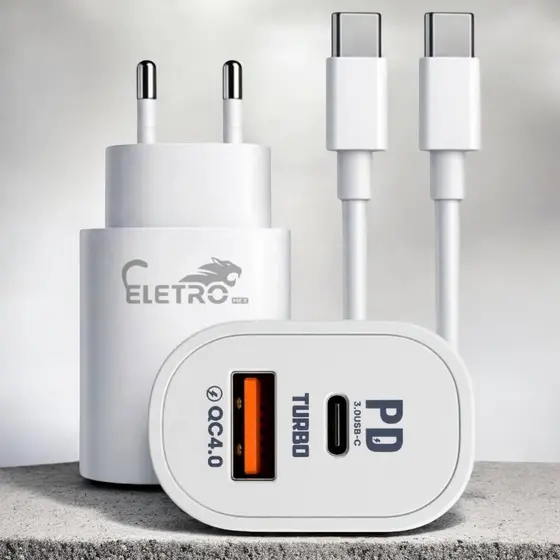 Carregador Completo Turbo 40W 9.1A Dual USB / Tipo-C e Cabo Tipo-C Eletromex EL-4016-CC