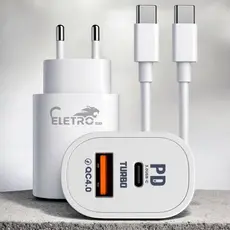 Carregador Completo Turbo 40W 9.1A Dual USB / Tipo-C e Cabo Tipo-C Eletromex EL-4016-CC