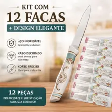 Kit 12 Facas de Mesa Aço Inoxidável Luxo Cabo Decorado Bali Altomex Corte Preciso Cozinha
