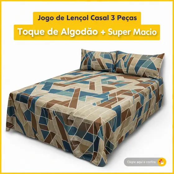 Jogo de Lençol Casal Padrão 03 Peças 100% Poliéster Estampado