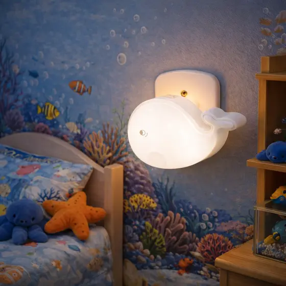 Luminária Noturna Baleia De LED Colorida Quarto Infantil Decoração 1W Bivolt Luz Suave Tomada Parede