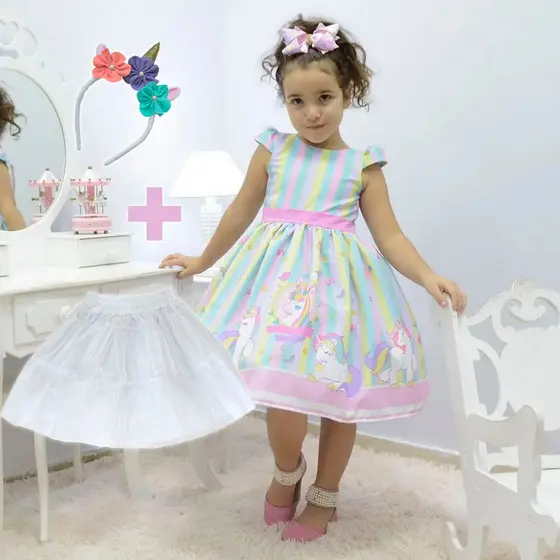 Kit Vestido festa unicórnio realeza + saia filó + Tiara