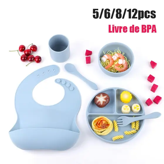 Baby Tableware 6/8 Peças Talheres Silicone Infantil Com ventosa Canudo Colher Babador