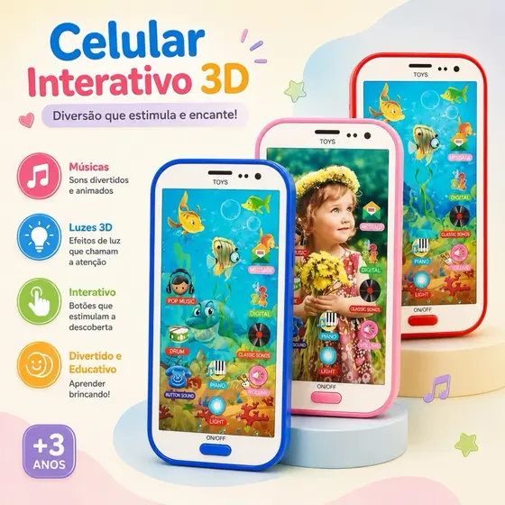 Brinquedo Celular Infantil  Musical com Imagem  3D Interativo com Som e Luz. Envio Imediato
