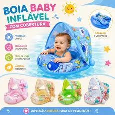 Boia com Cobertura Fralda Inflável Infantil Com Assento Bebe Brinquedo Piscina/Praia Guarda Sol. Pronta Entrega