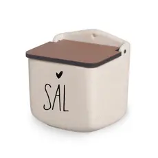 Saleiro Duo Bege de Cerâmica Tampa de MDF Segunda Linha Defeitos Cozinha Decoração SAL CORAÇÃO DUO