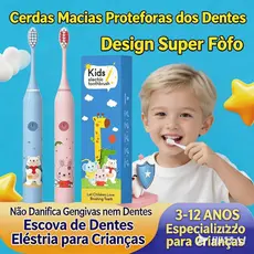 Escova Elétrica Infantil 3-12 Anos | 4 Cabeças, IPX7, 3 Meses de Bateria, Vibração Suave | Kids