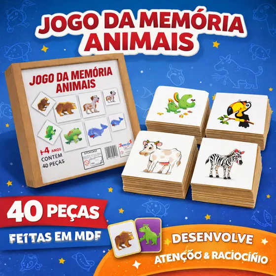 Jogo da Memória Animais MDF 40 Peças Brinquedo Educativo Infantil Pedagógico Madeira +3 Anos