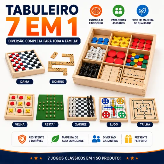 Jogos de Tabuleiro 7 em 1 – Inclui Dama, Dominó, Ludo, Trilha, Jogo da Velha, Xadrez e Resta Um
