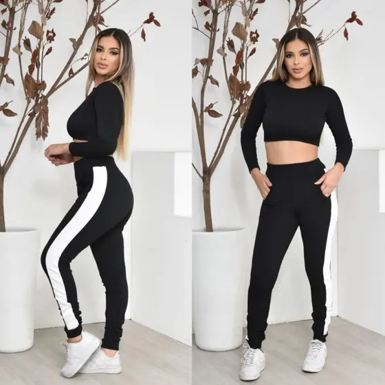 Calça Feminina jogger Crepe Slim Listrada faixa lateral Casual com Bolso