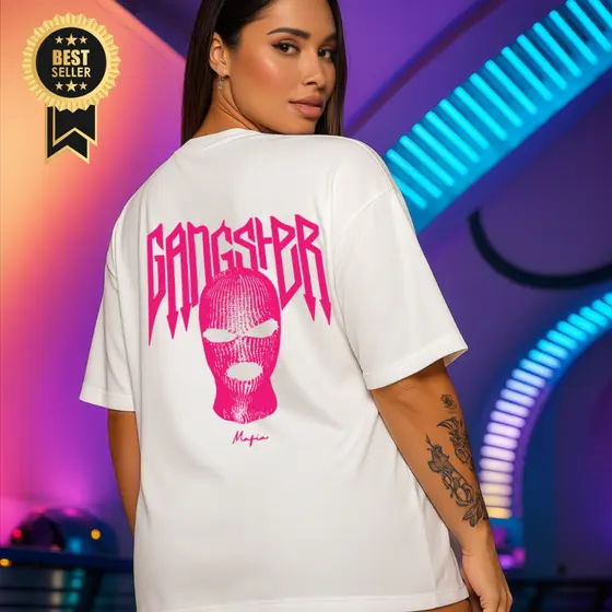 Camiseta Oversized Feminina Streetwear Algodão Pink Gangster GS