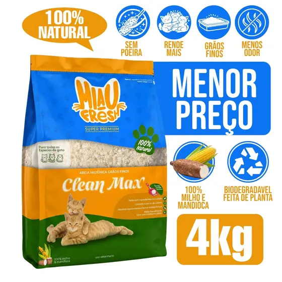 Areia Higiênica Miau Fresh Biodegradável 4Kg  Mandioca E Milho P/ Gatos Controle De Odores Torrão - Variação