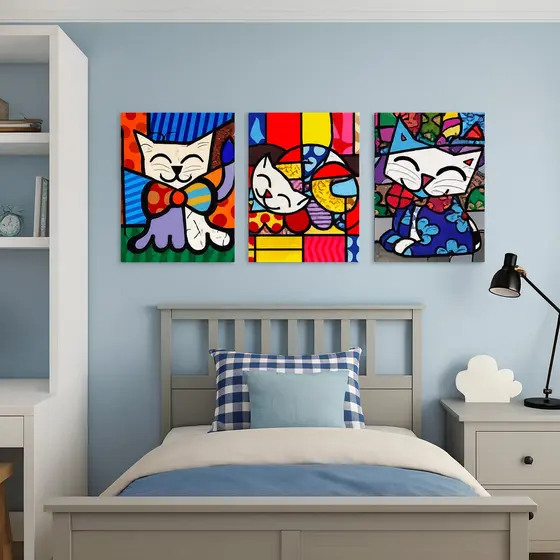 Kit Quadros Decorativos Gato Romero Brito Mosaico 3 Peças Para Sala Quarto Escritório