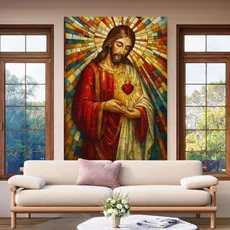 adro Decorativo Sagrado Coração de Jesus Arte Religiosa Estilo Vitral Em MDF 110x80 Fé E Luz Cristã