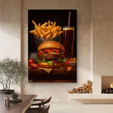 Quadro Decorativo Hambúrguer Com Batata Frita E Refrigerante MDF 110x80 Para Lanchonete E Cozinha