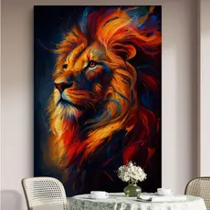 Quadro Decorativo Leão Colorido Majestoso Arte Animal Abstrata Em MDF 110x80 Para Sala Quarto