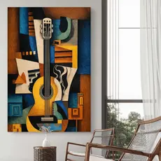 Quadro Decorativo Violão Abstrato MDF 110x70 Arte Cubista Moderna Para Sala Escritório Música