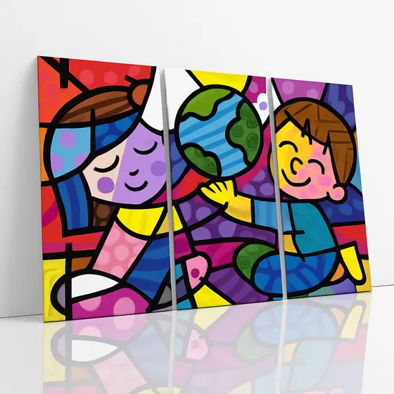 Kit Quadros Decorativos Infantil Colorido Estilo Romero Britto Crianças com Globo Mosaico 3 Peças
