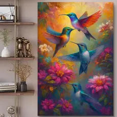 Quadro Decorativo Beija-Flores Coloridos Flores Vibrantes MDF 110x80 Arte Natureza