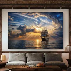 Quadro Decorativo Navio à Vela no Mar ao Pôr do Sol MDF 110x70 Arte Paisagem Clássica para Sala