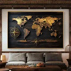 Quadro Decorativo Mapa Múndi Dourado Em Madeira MDF 110x70 Arte Luxo Moderna para Sala Escritório
