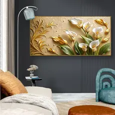 Quadro Decorativo Copo de Leite Branco e Dourado 110x70 MDF Floral Elegante Sala Luxo Moderno