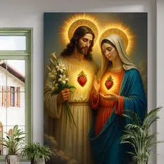 Quadro Decorativo Sagrado Coração de Jesus e Maria Arte Religiosa Católica MDF 110x80 Fé e Devoção