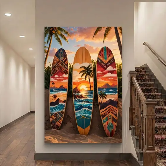 Quadro Decorativo Pranchas Surf Praia Pôr do Sol MDF 110x70 Sala Quarto