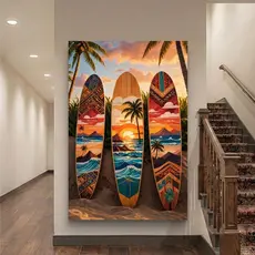 Quadro Decorativo Pranchas Surf Praia Pôr do Sol MDF 110x70 Sala Quarto