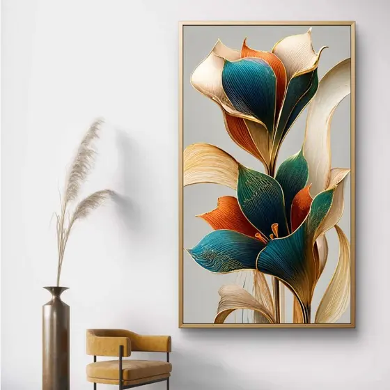 Quadro Decorativo Floral Azul Petróleo e Terracota 110x70 MDF Moderno Elegante Sala Quarto Vertical