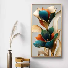 Quadro Decorativo Floral Azul Petróleo e Terracota 110x70 MDF Moderno Elegante Sala Quarto Vertical