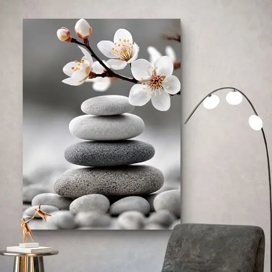 Quadro Decorativo Pedras Zen e Flores Brancas 110x70 MDF Minimalista Spa Sala Quarto Vertical