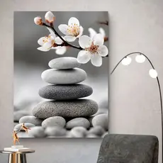 Quadro Decorativo Pedras Zen e Flores Brancas 110x70 MDF Minimalista Spa Sala Quarto Vertical