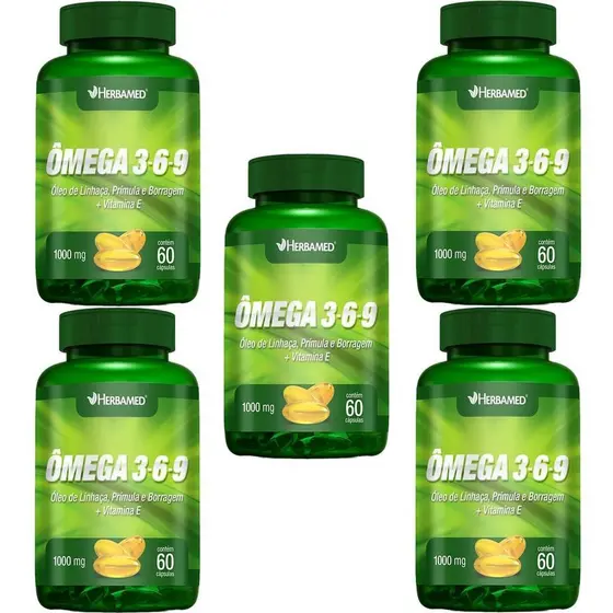 Kit 5X Ômega 3, 6 e 9 Linhaça, Prímula E Borragem + Vitamina E - 60 Cápsulas - Herbamed
