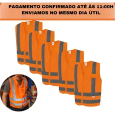 KIT 5 Coletes Refletivo De Segurança Laranja 1Bolso REFORÇADO Steelflex Uniforme Profissional