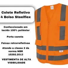 Colete Refletivo Laranja Fluorescente Profissional Visibilidade Vicsa Modelo blusão 4 Bolsos