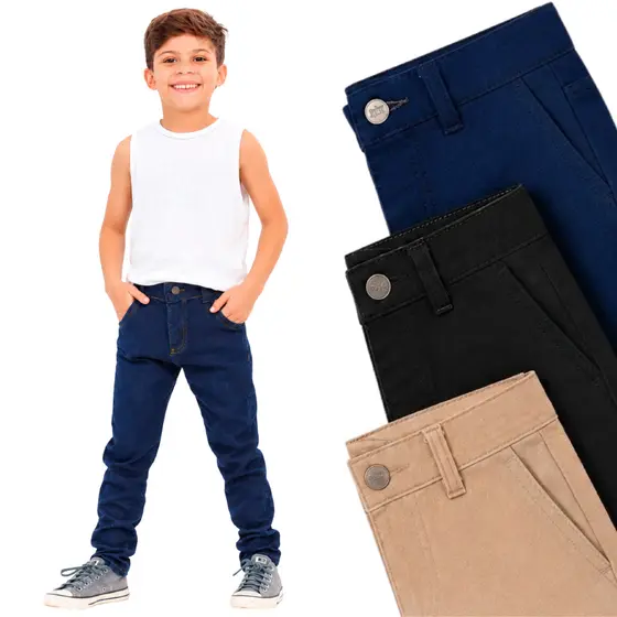 Calca Jeans Menino Infantil Lycra Regulador Interno Ajustável Tamanho 4 ao 16 Preta Azul Cáqui