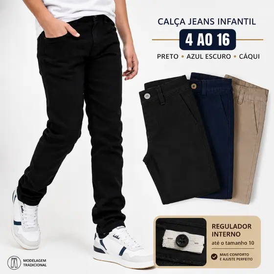 Calça Jeans Infantil Masculina Lycra Tradicional Tam 4 ao 16 Regulador Interno Menino