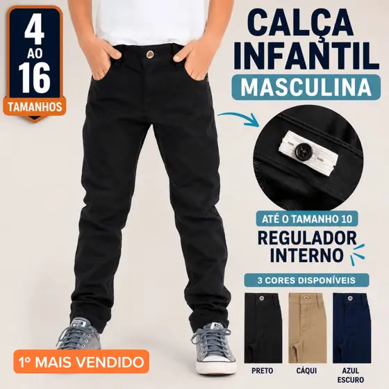 Calça Jeans Infantil Menino Sarja com Lycra Ajuste Interno Tamanho 1 ao 16 Preto Cáqui Azul